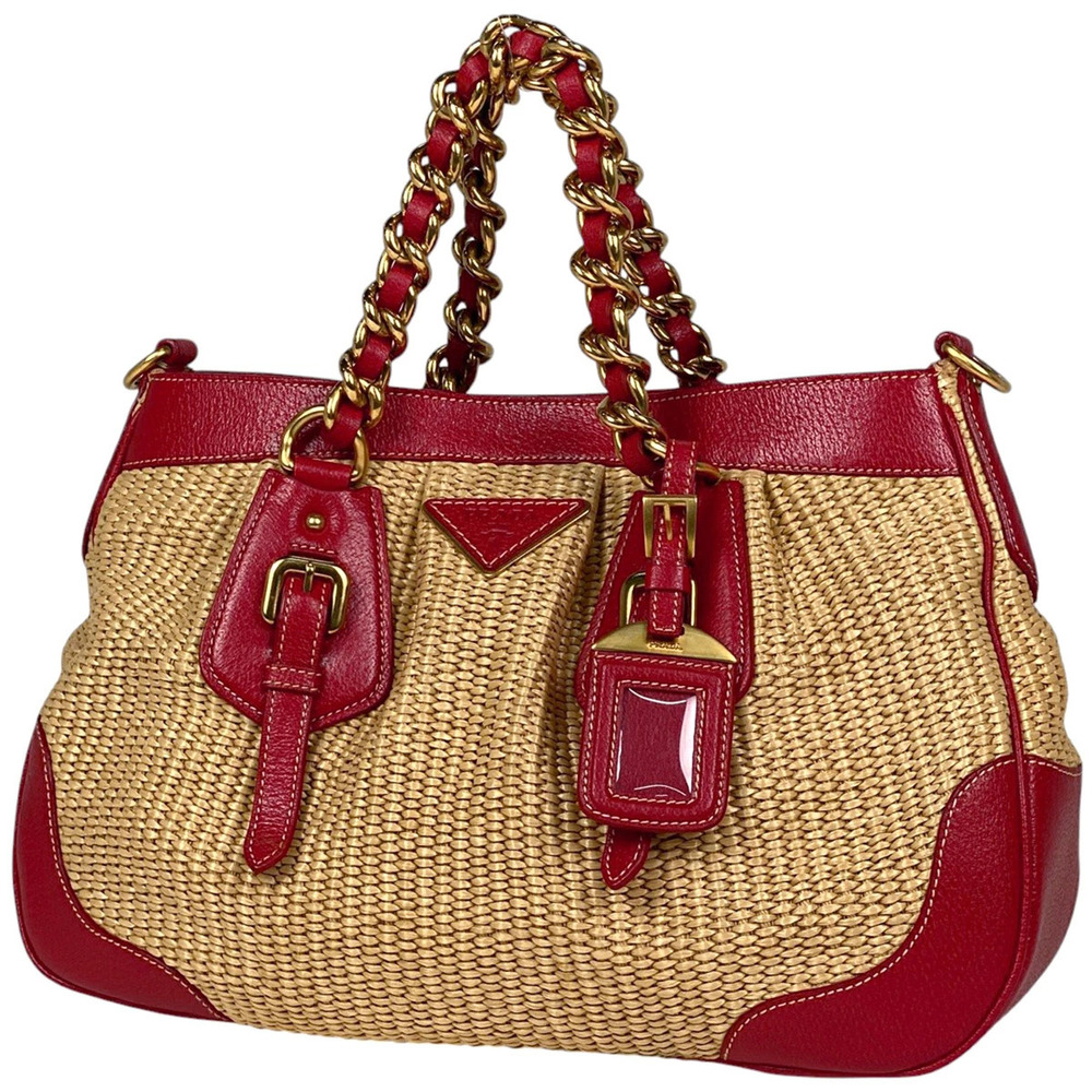 Prada Logo Handbag Shoulder Bag Raffia Straw Tan Leather Beige Red